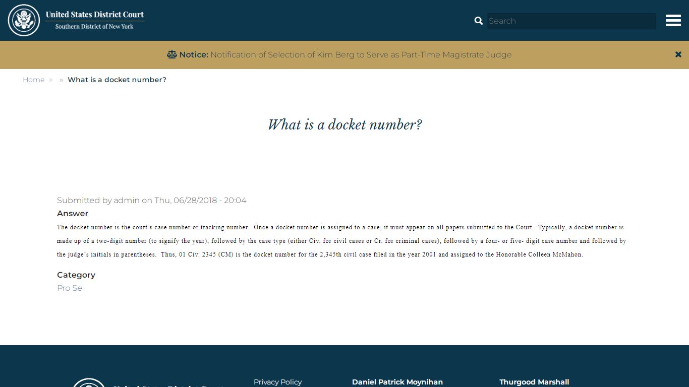 What is a docket number? | U.S District Court - United States Courts